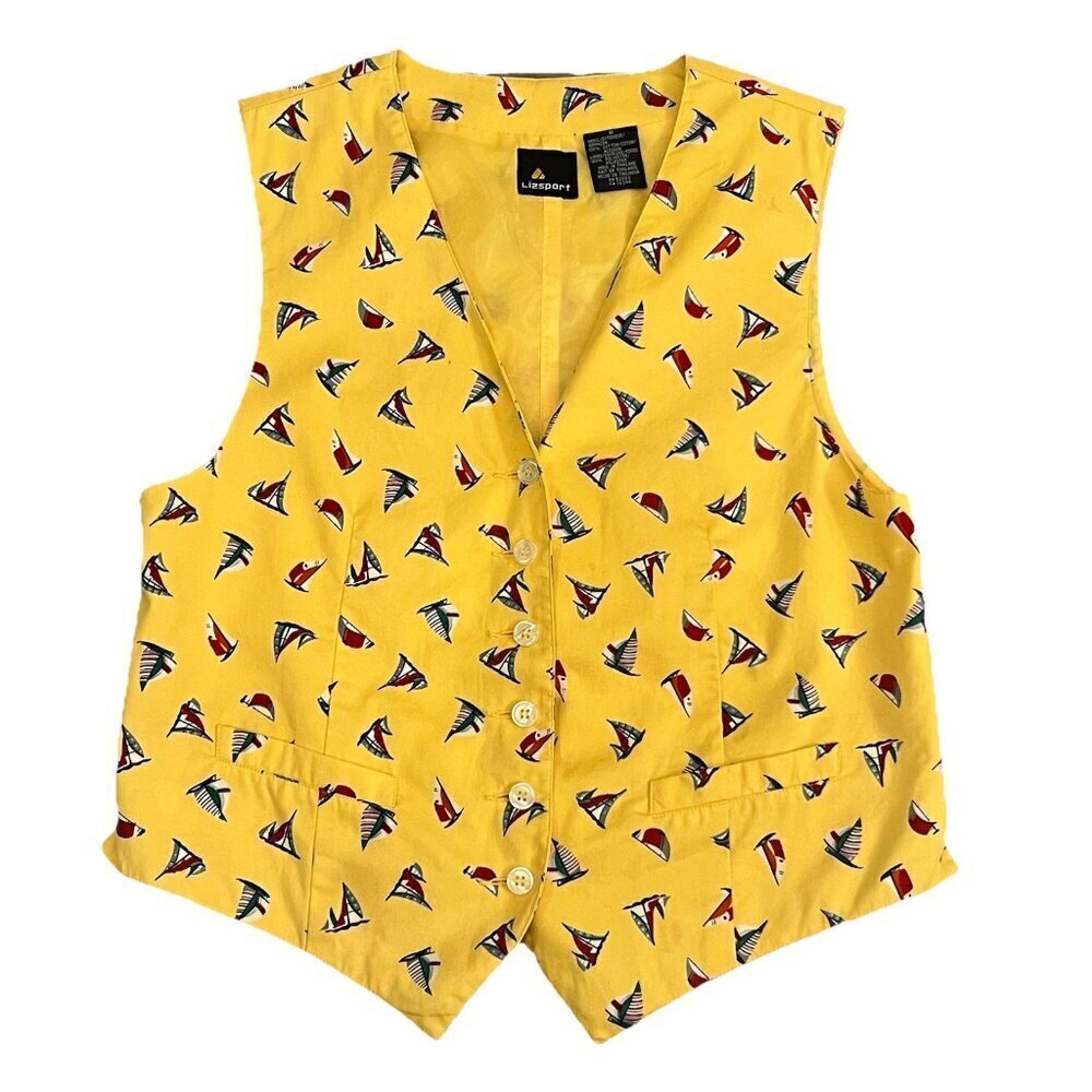 Vintage Lizsport Women’s Vest Size 8 Yellow Blue Red Sailboats Sailing 80s Lined - Picture 1 of 7